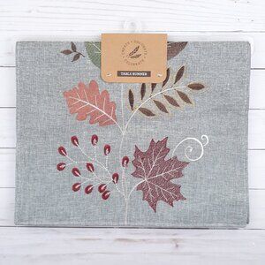 Fall Embroidered Table Runner 14x72 Marvelous Leaves Gray